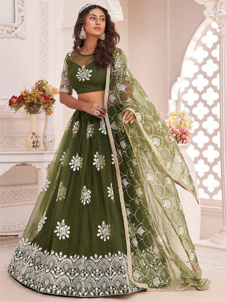 Olive green designer lehenga choli with white floral embroidery and sheer dupatta for Indian ethnic wear