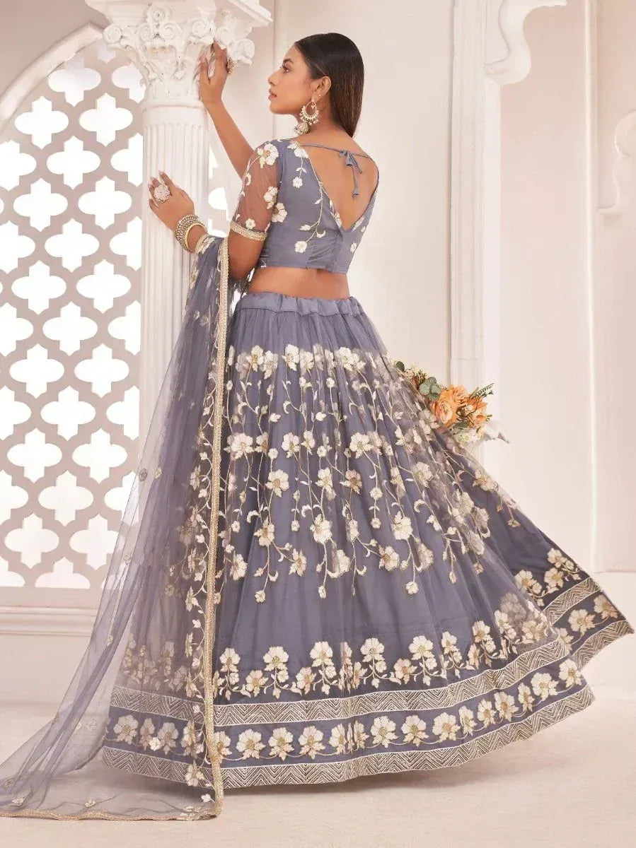Grey floral embroidered lehenga choli with sheer dupatta, perfect for Indian ethnic occasions