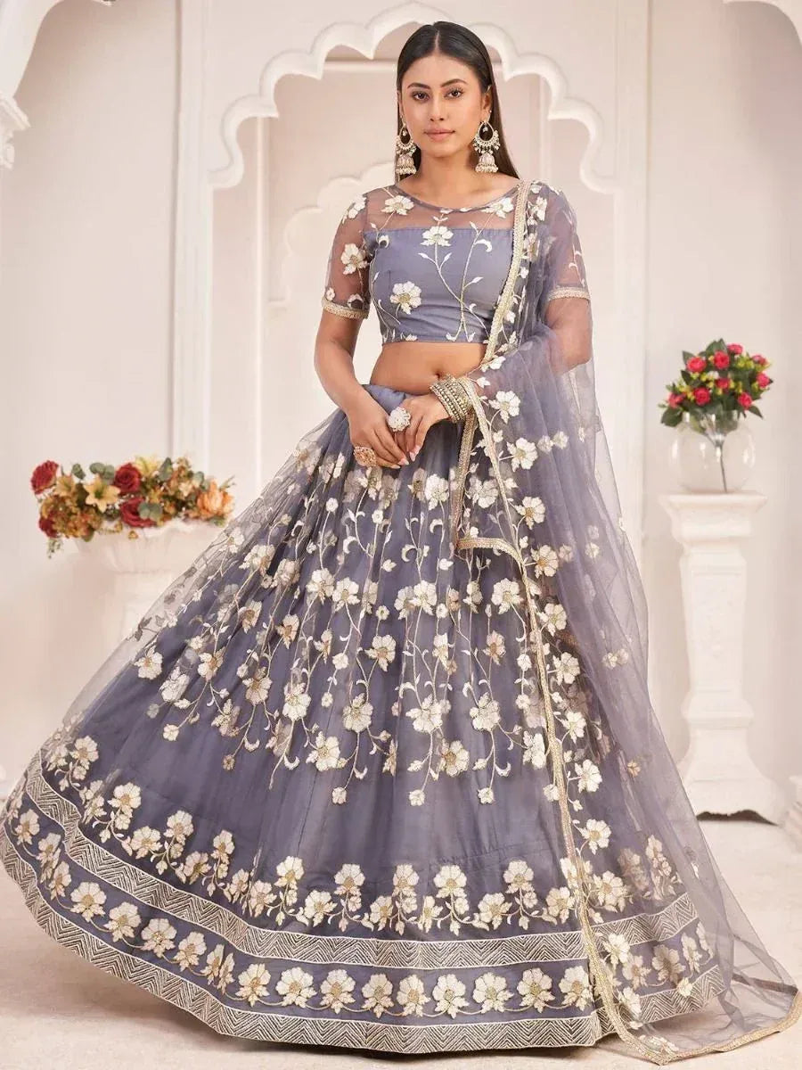 Grey floral embroidered lehenga choli with sheer dupatta, perfect for weddings and festive occasions