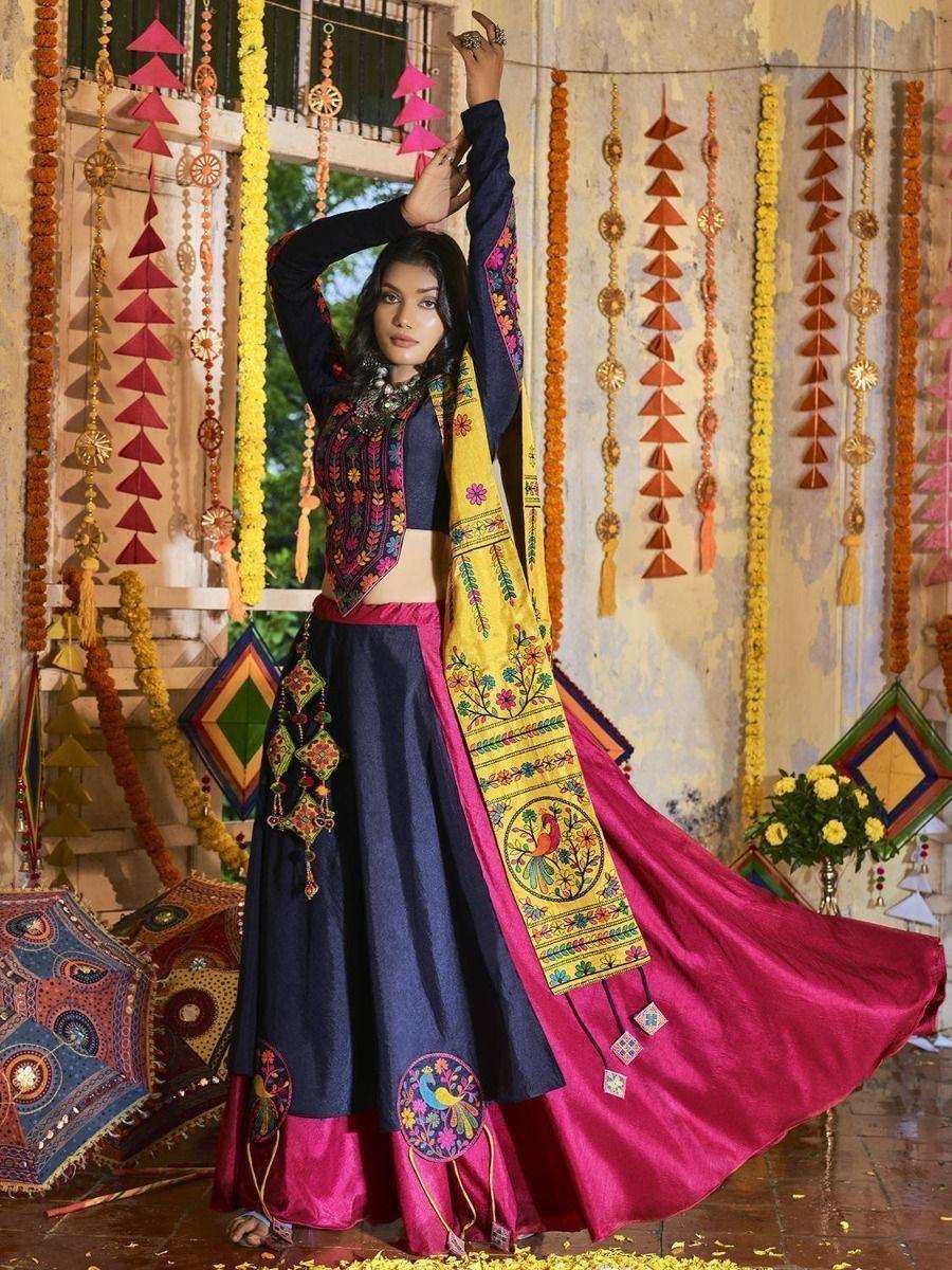 Designer lehenga choli with floral embroidery, peacock motifs, and vibrant dupatta for Indian ethnic wear