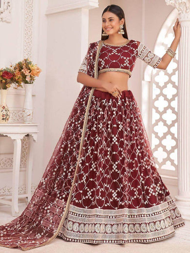 Luxurious Maroon Butterfly Net Embroidered Reception Wear Lehenga Choli