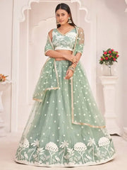 Ravishing Pista Green Butterfly Net White Cotton Thread Perfect Party Look Lehenga