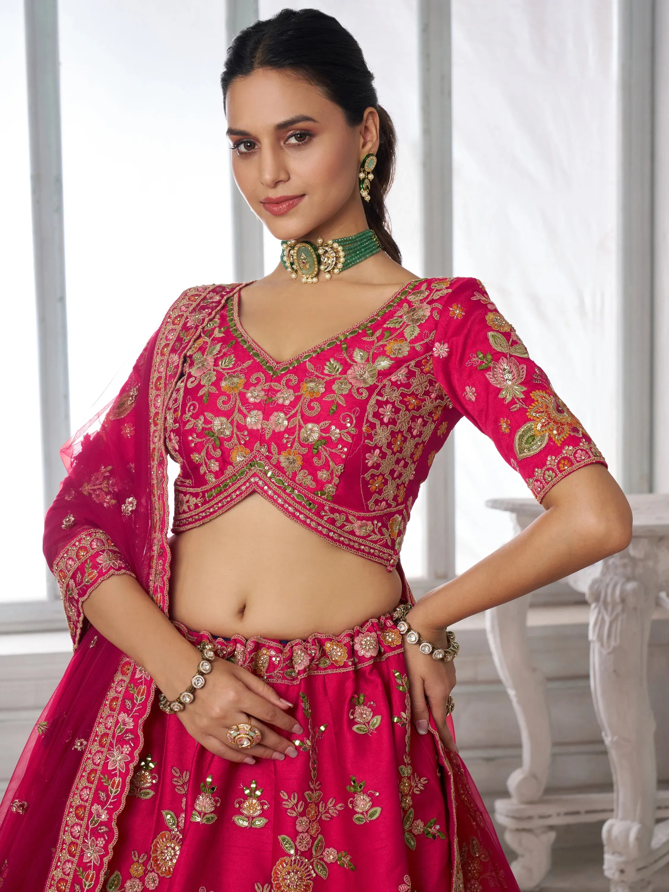 Rich Rani Pink Heavy Embroidery Silk Bridal Lehenga Choli With Dupatta