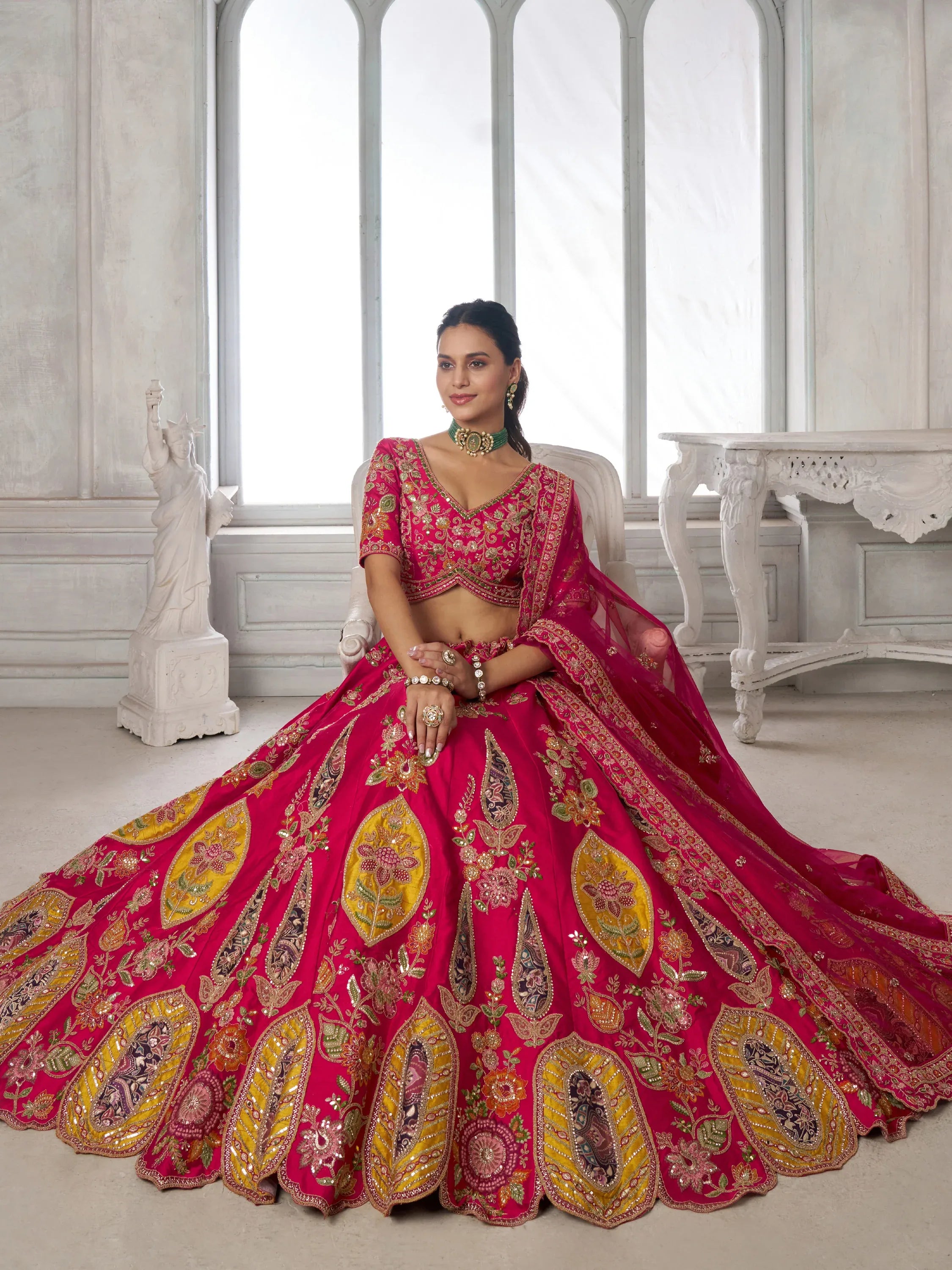 Rich Rani Pink Heavy Embroidery Silk Bridal Lehenga Choli With Dupatta