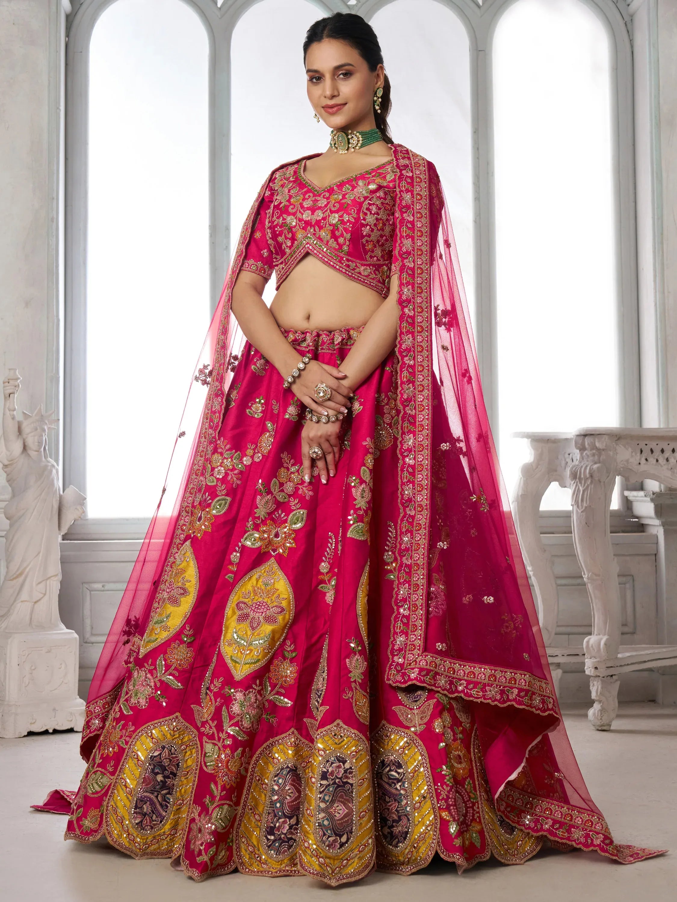 Rich Rani Pink Heavy Embroidery Silk Bridal Lehenga Choli With Dupatta
