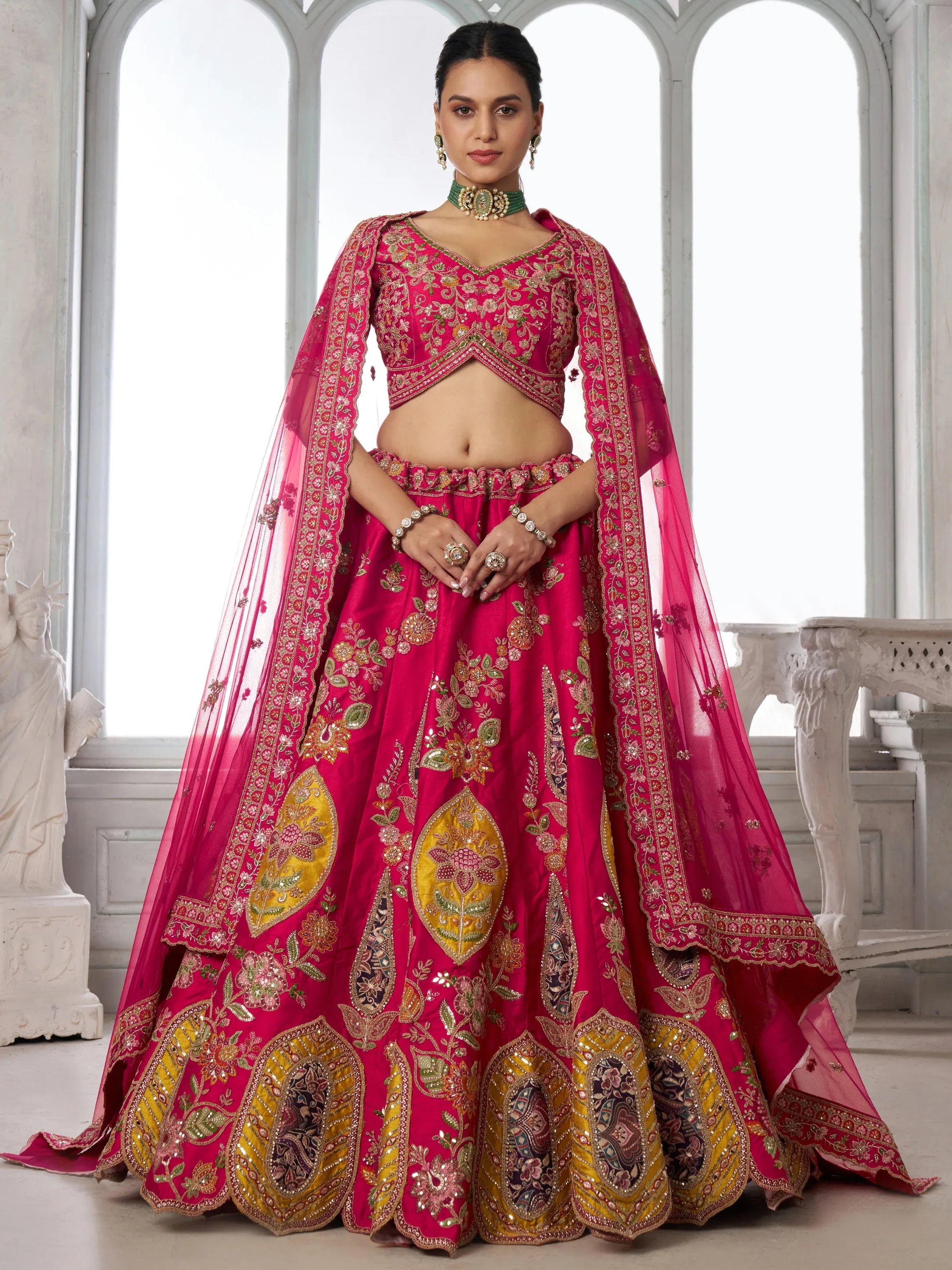 Rich Rani Pink Heavy Embroidery Silk Bridal Lehenga Choli With Dupatta