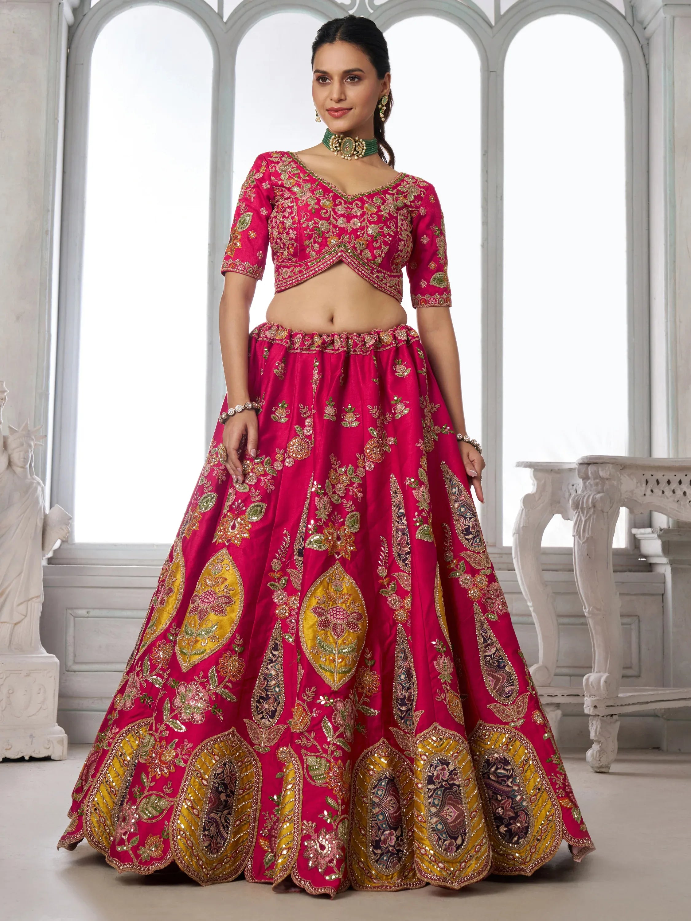 Rich Rani Pink Heavy Embroidery Silk Bridal Lehenga Choli With Dupatta