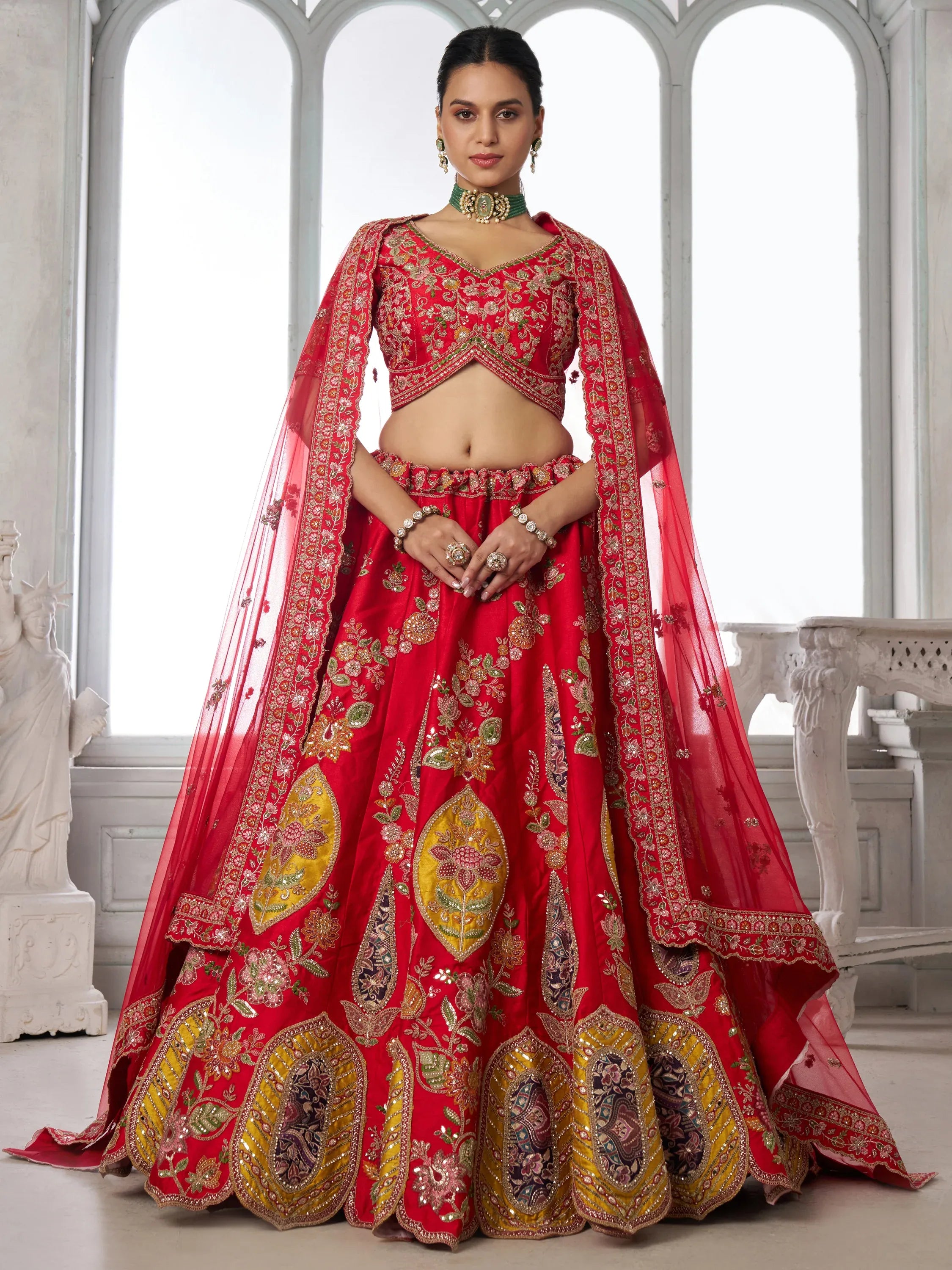 Royal Red Zari Work Silk Bridal Lehenga Choli With Dupatta