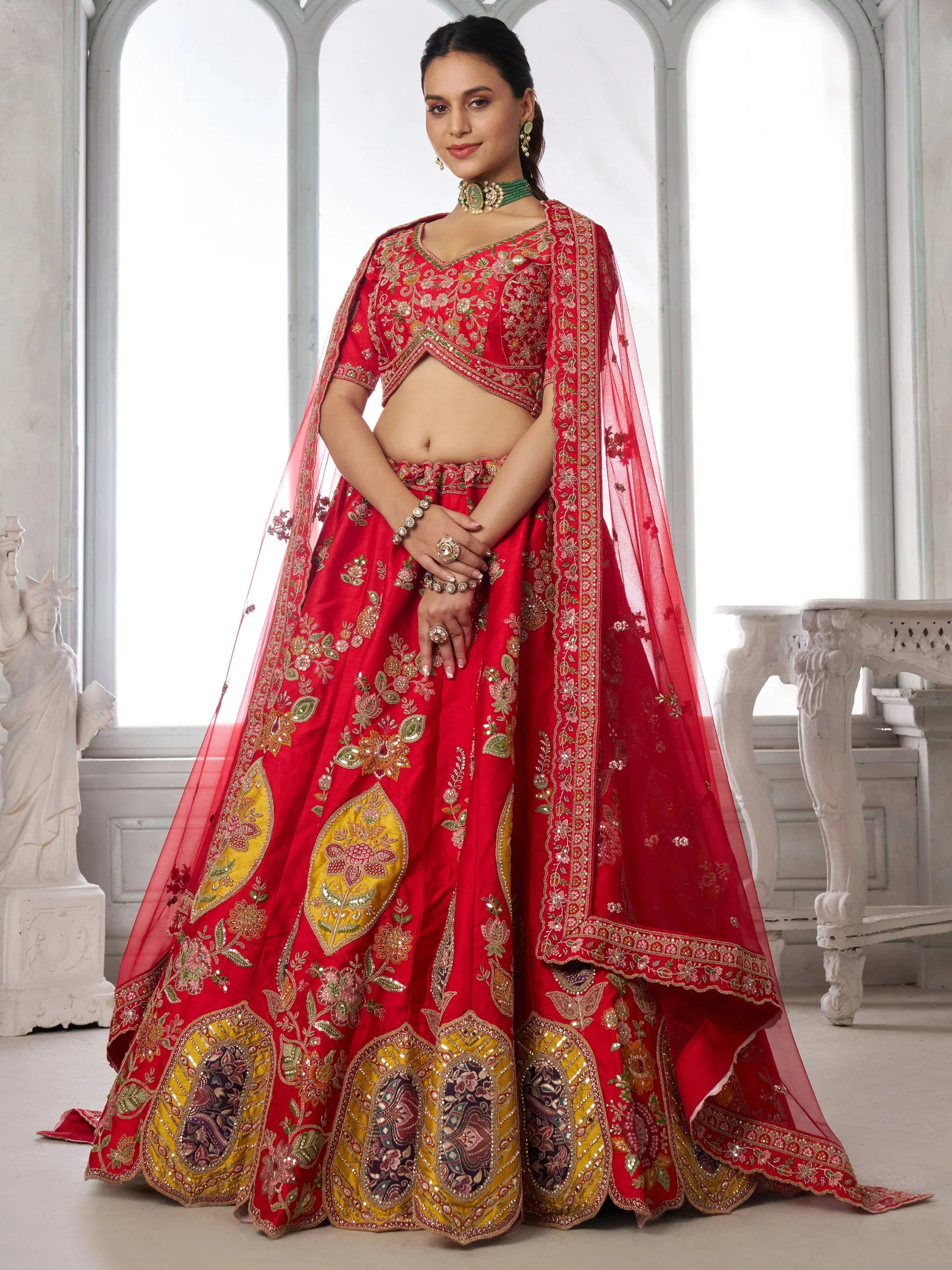 Royal Red Zari Work Silk Bridal Lehenga Choli With Dupatta