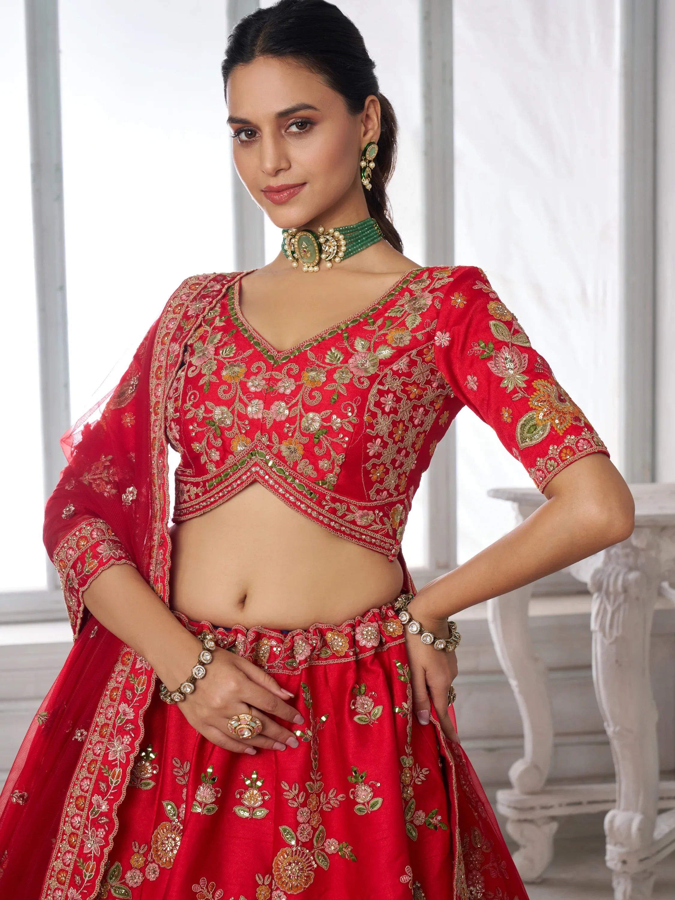 Royal Red Zari Work Silk Bridal Lehenga Choli With Dupatta