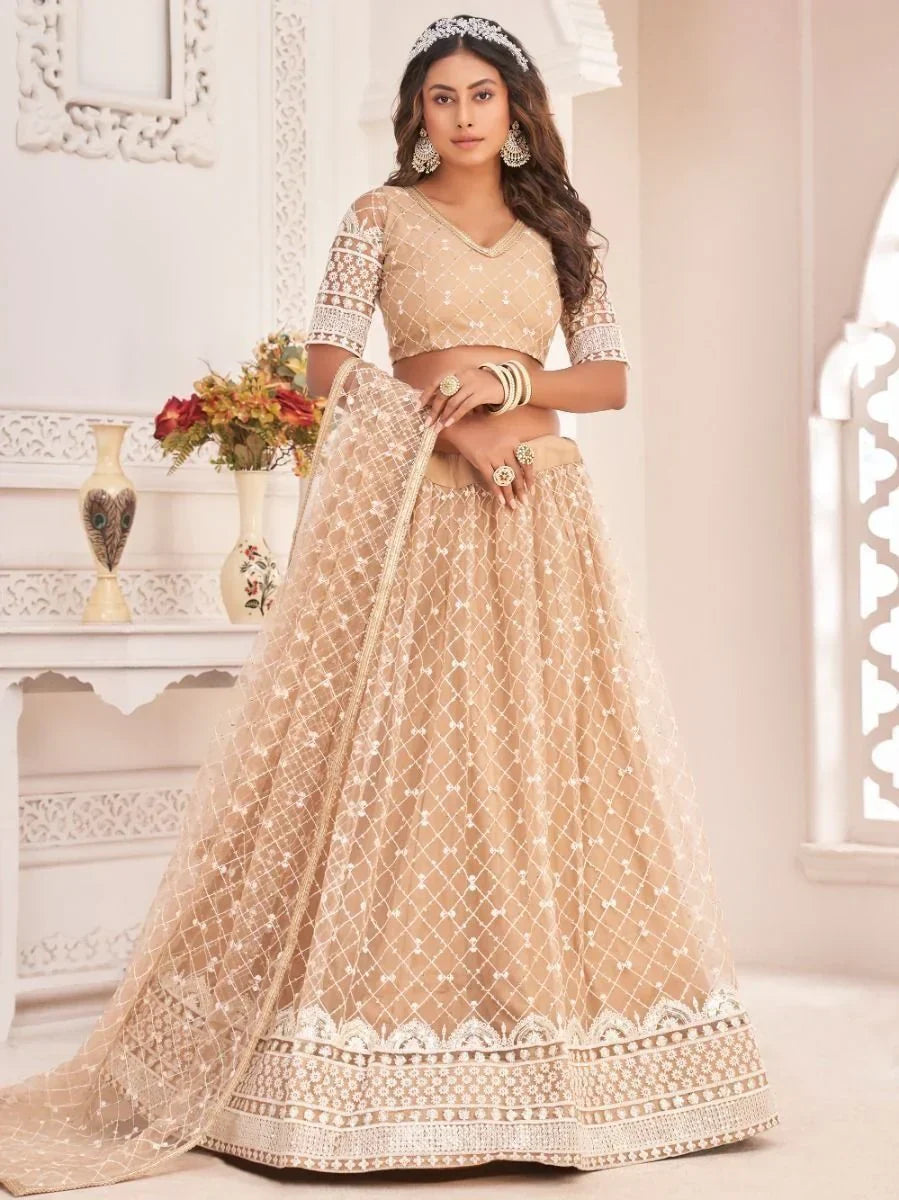 Fabulous Beige Thread Embroidery Net Wedding wear Lehenga Choli