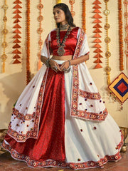 Traditional White & Red Embroidered Cotton Navratri Ghaghra Choli