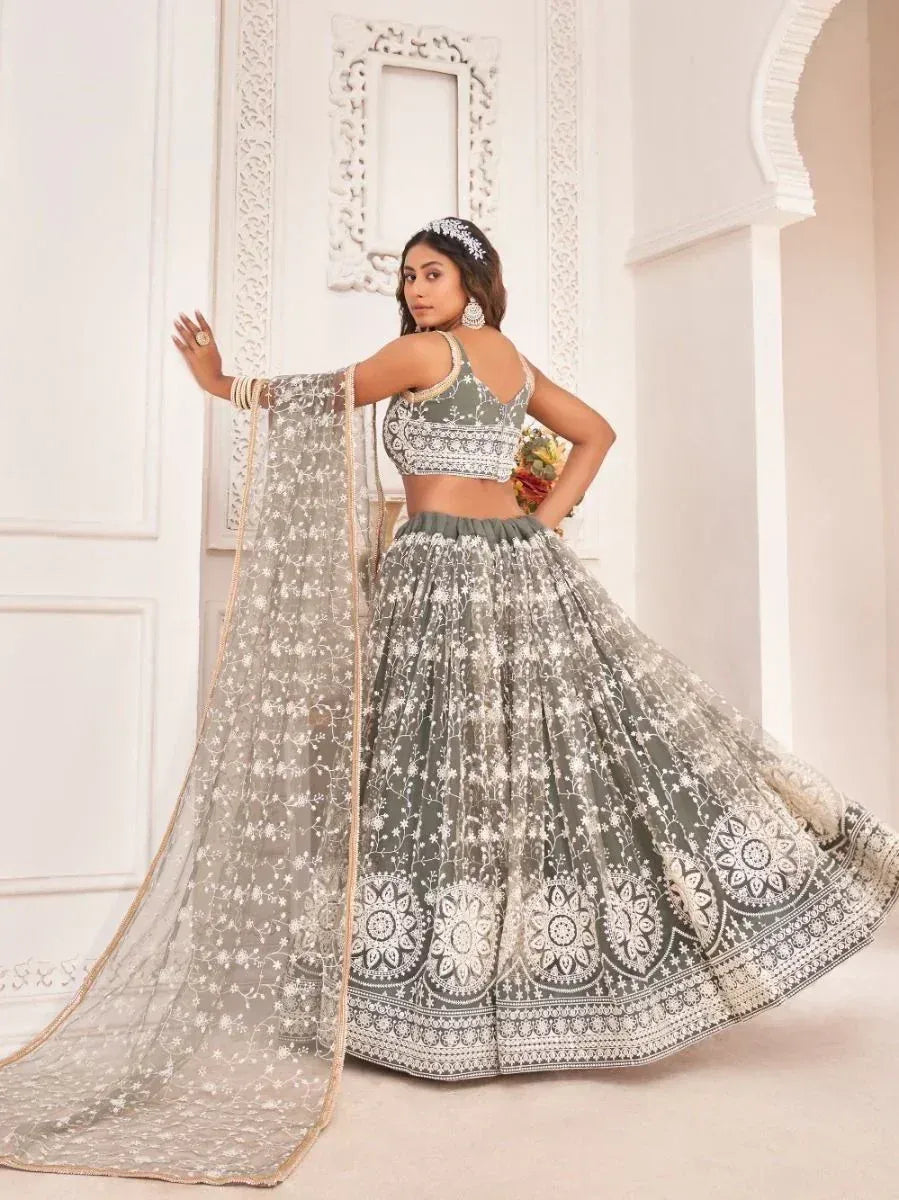Elegant grey lehenga choli with white embroidery, perfect for Indian ethnic wear and festive occasions.