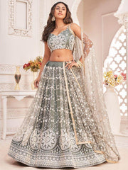 Stunning Grey Thread Embroidered Net Lehenga Choli With Dupatta