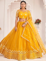 Graceful Mustard Yellow Thread Embroidery Net Lehenga Choli