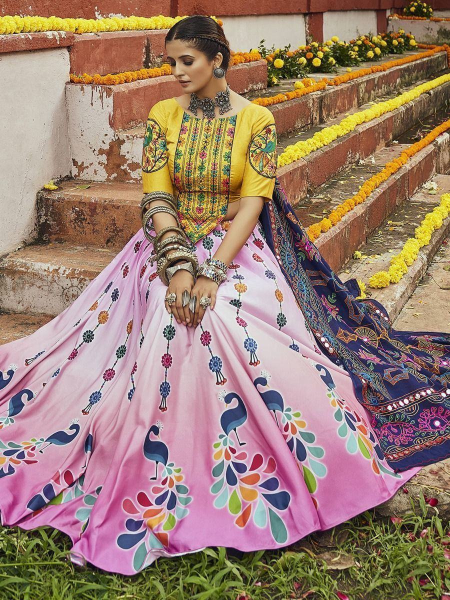 Adorable Pink Cotton Digital Printed Navratri Wear Ghaghra Choli