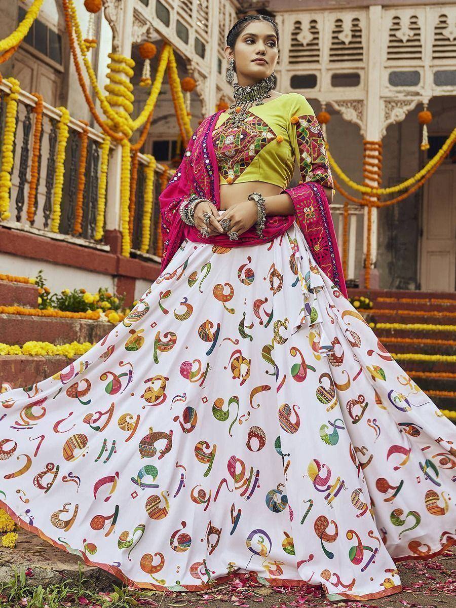 Colorful printed lehenga choli with floral dupatta, perfect for Indian ethnic occasions and festivals