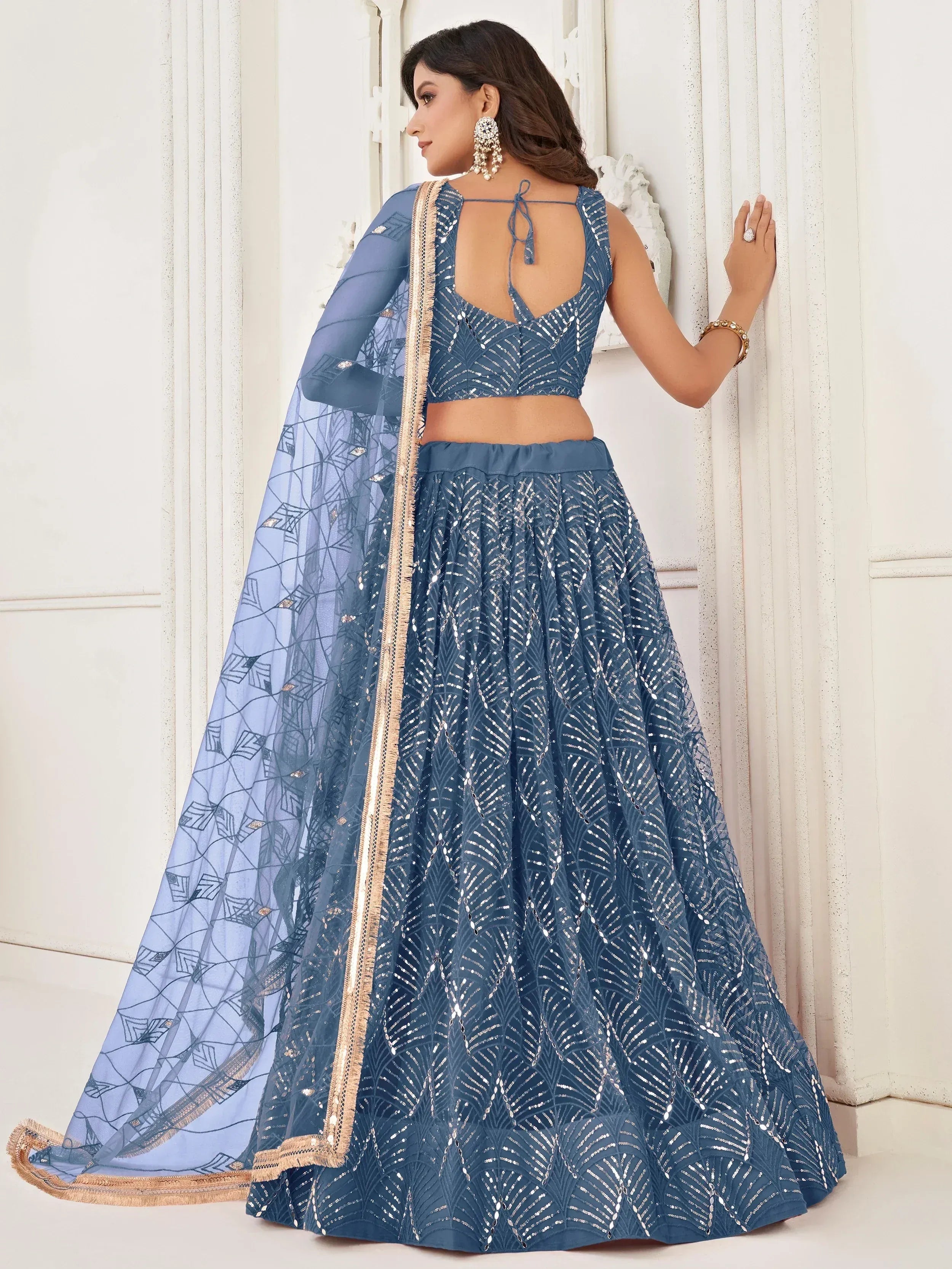 Blue sequin lehenga choli with sheer dupatta, ethnic Indian wear for weddings and parties