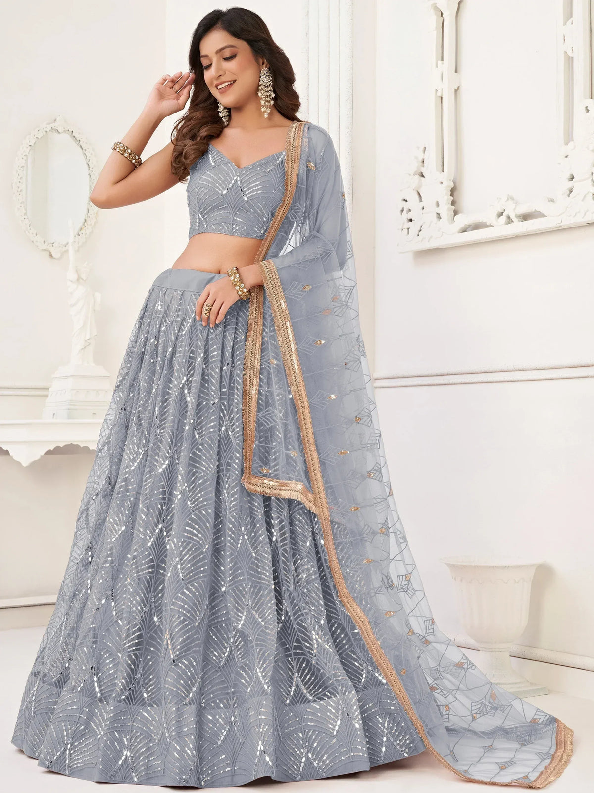 Grey sequin lehenga choli with gold border, perfect for Indian ethnic wear events