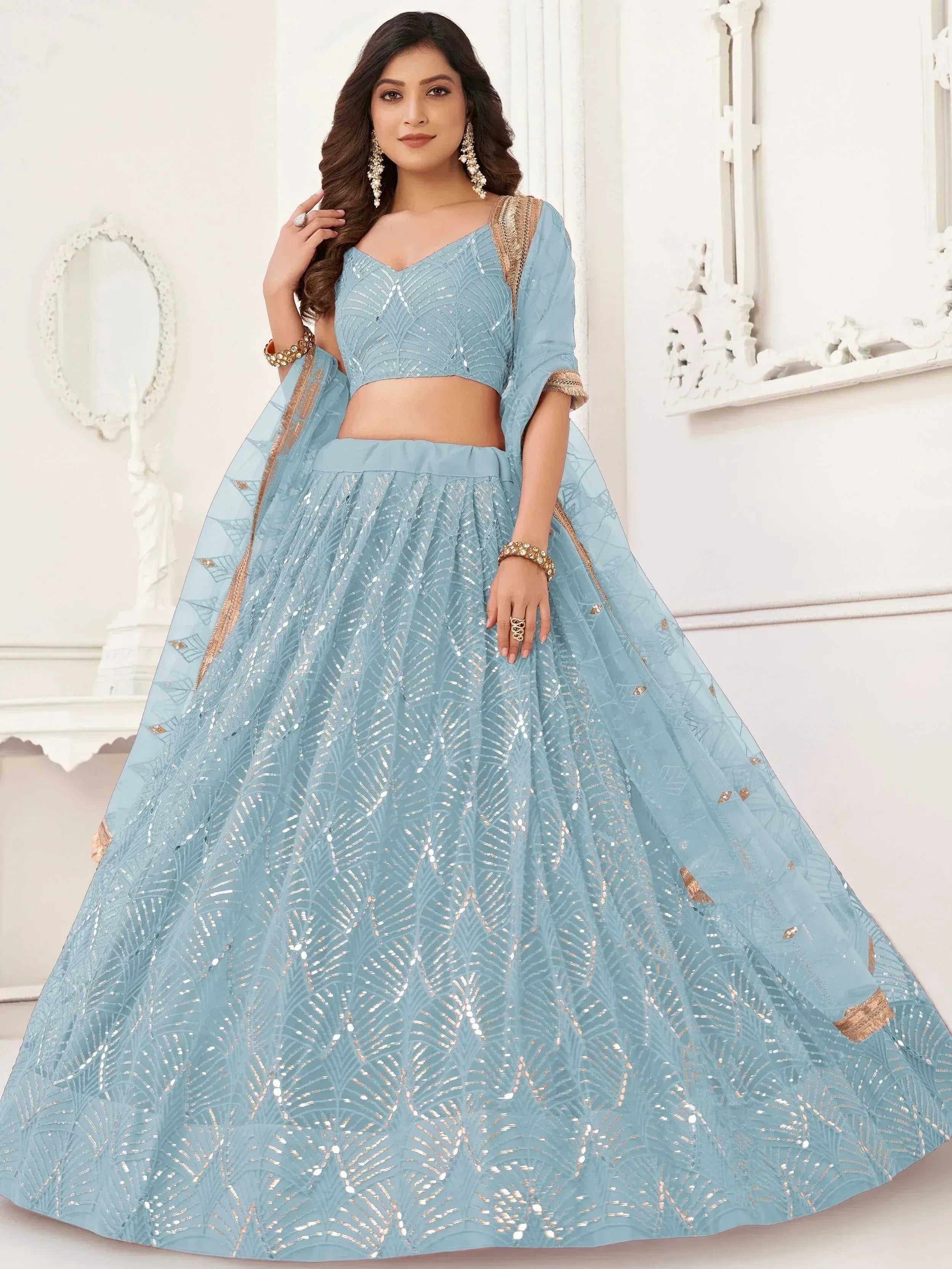 Gorgeous Blue Embroidered Net Reception Wear Lehenga Choli