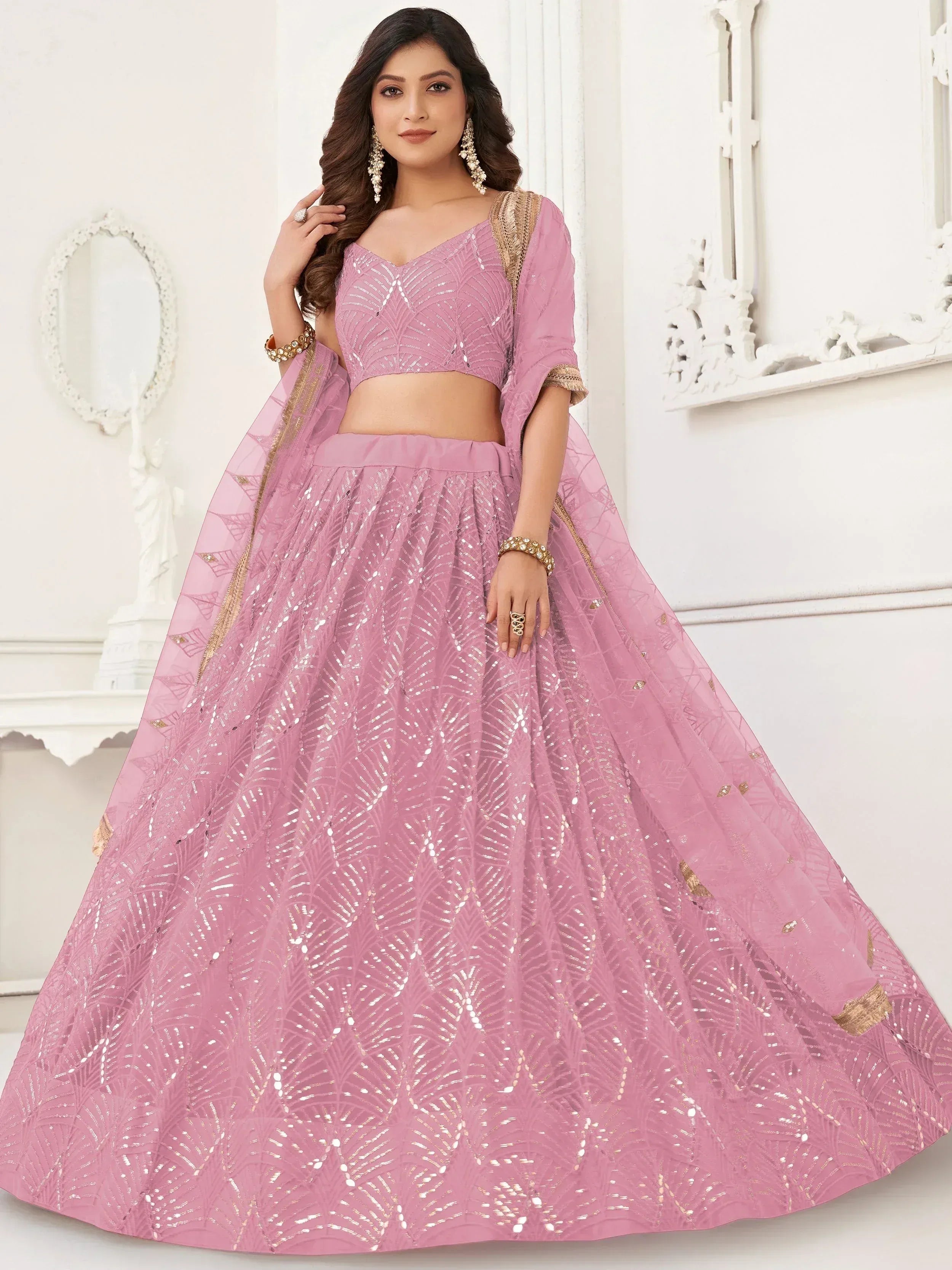 Fantastic Pink Embroidered Net Wedding Wear Lehenga Choli