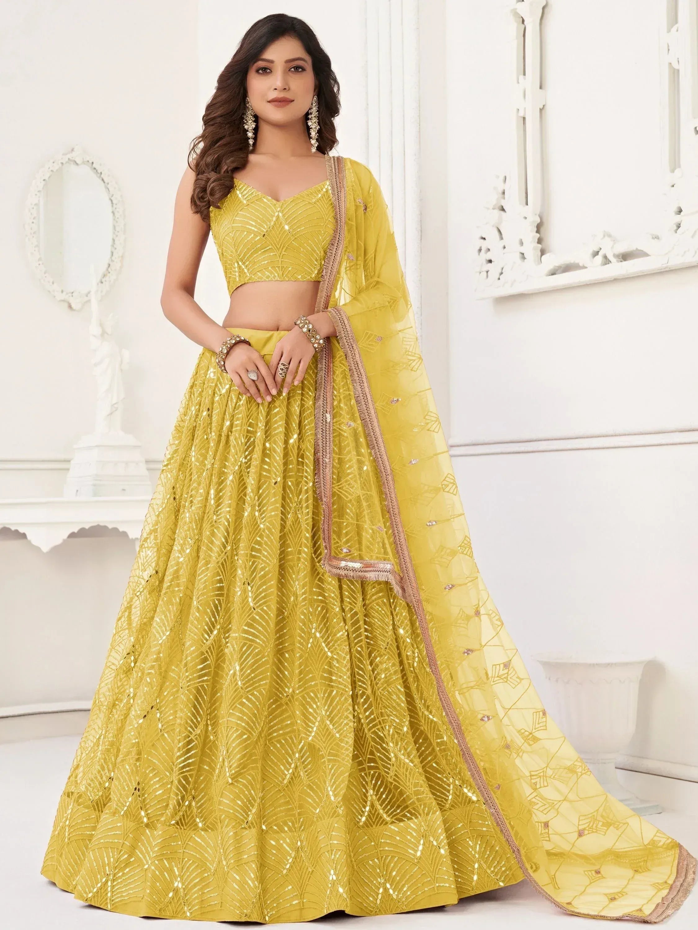Yellow designer lehenga choli with sequin work and dupatta, ethnic Indian wear for weddings