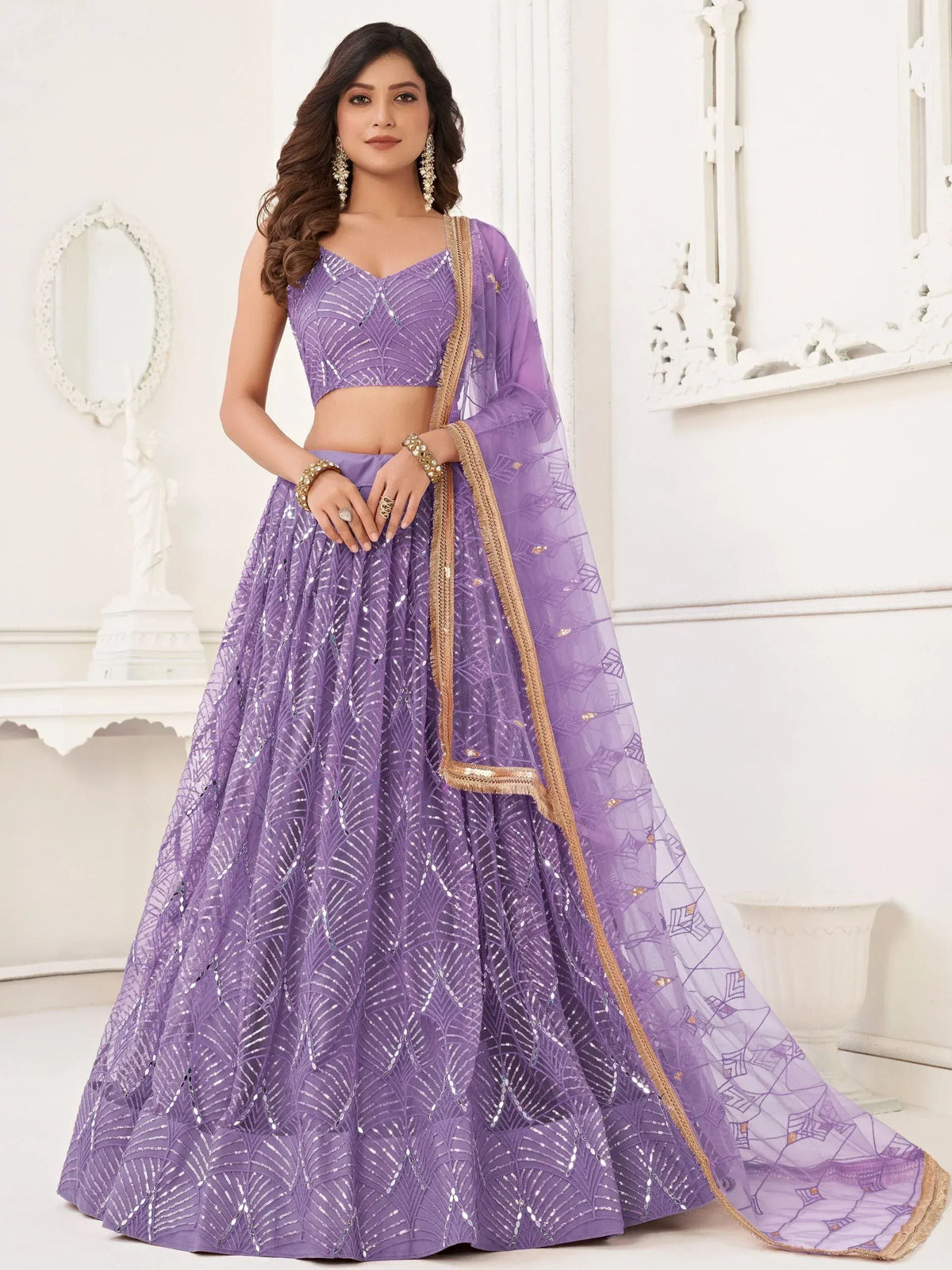 Purple designer lehenga choli with sequin work and gold border, perfect for Indian ethnic wear