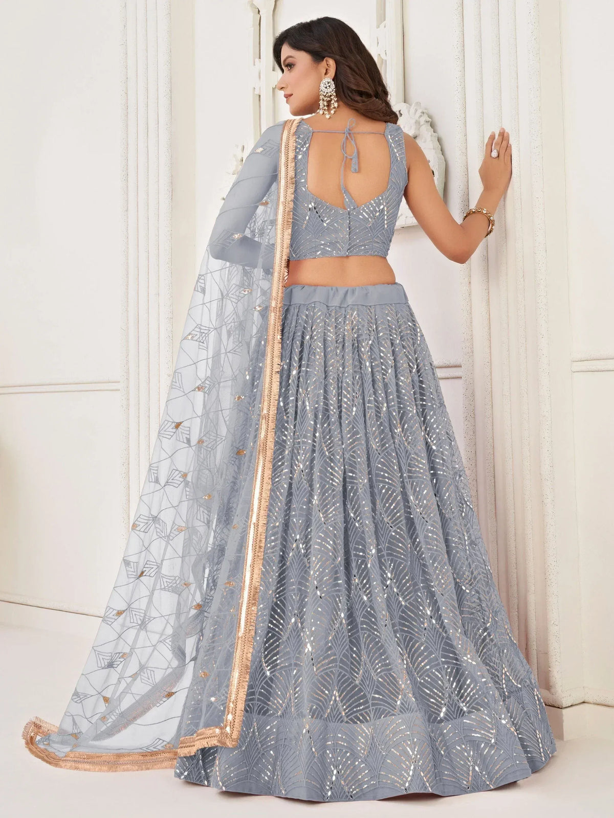 Grey sequin lehenga choli with geometric embroidery, back view, perfect for Indian ethnic wear occasions