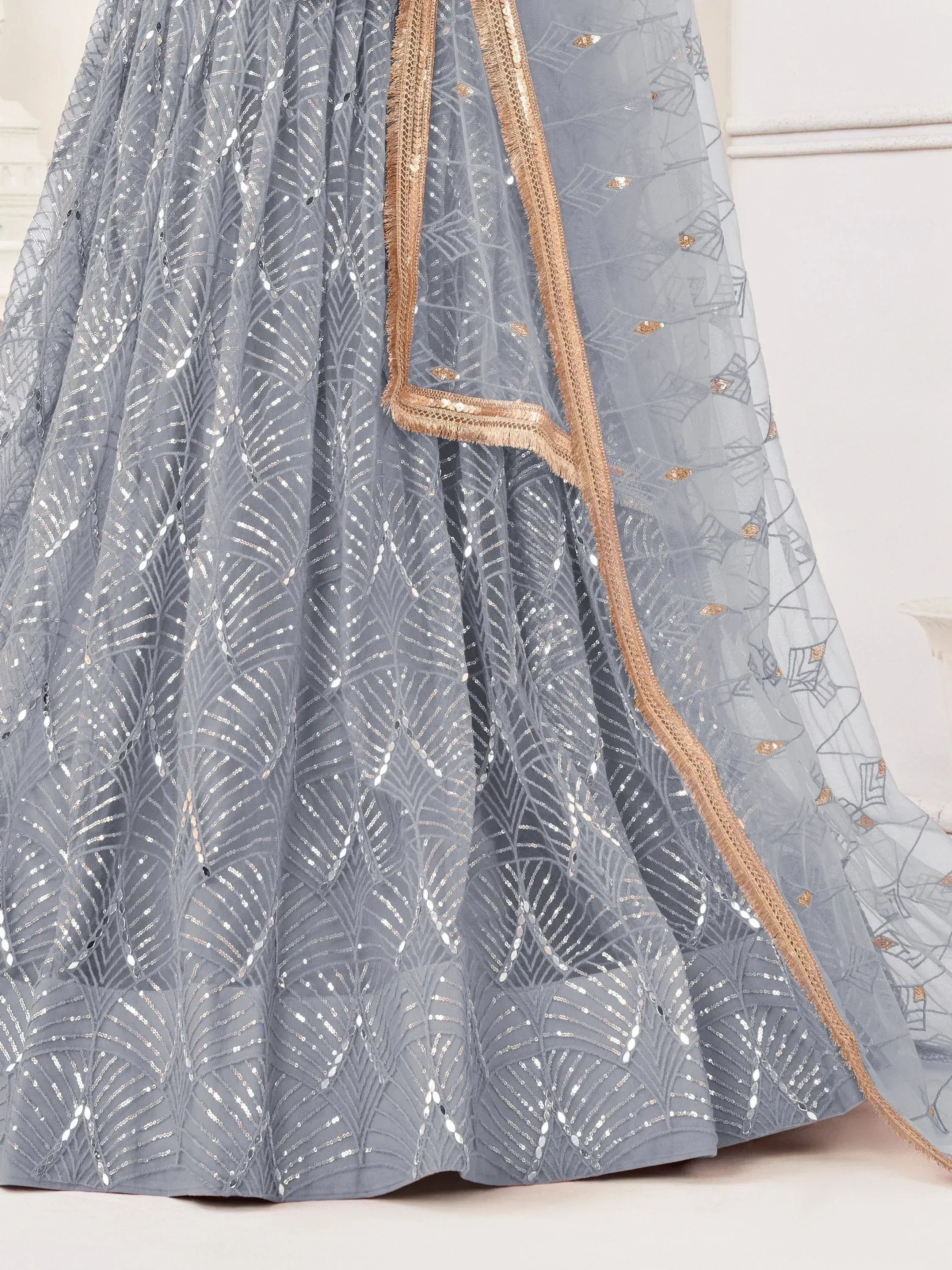 Grey lehenga with sequin leaf patterns and gold border, ethnic Indian wear