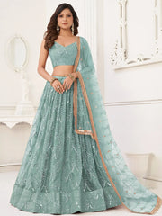 Marvelous Aqua Blue Thread Work Net Reception Wear Lehenga Choli