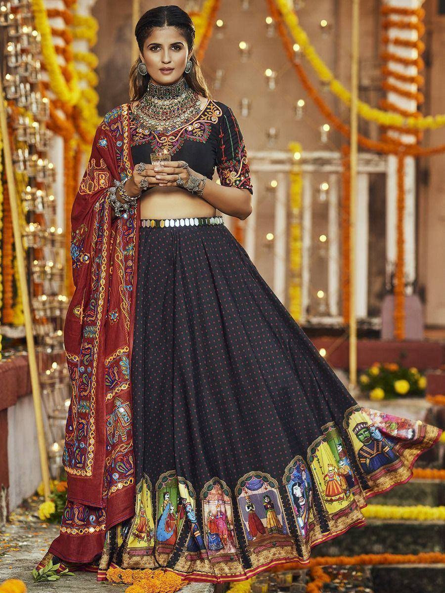 Black printed lehenga choli with embroidered dupatta, ethnic Indian wear for festivals