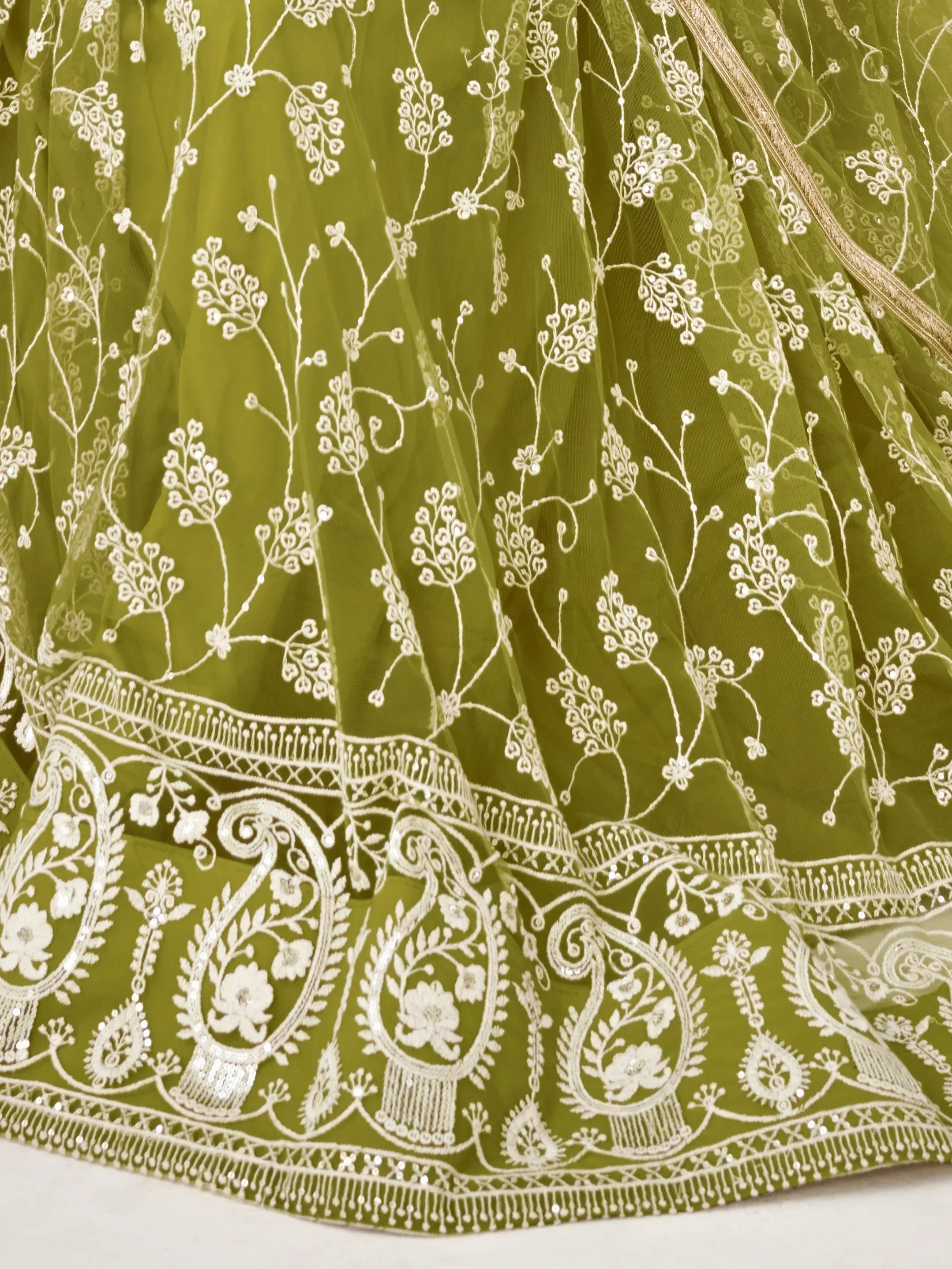 Lovely Olive Green Embroidered Net Mhendi Wear Lehenga Choli