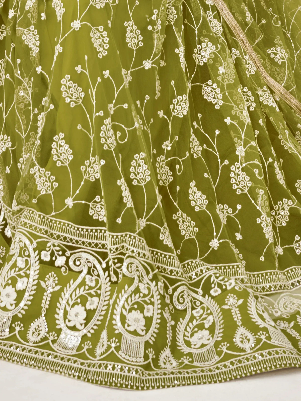 Olive green lehenga with white floral embroidery and paisley border, Indian ethnic wear