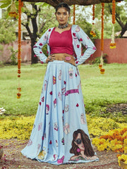 Glamorous Sky Blue Cotton Digital Print Party Wear Lehenga With Jacket