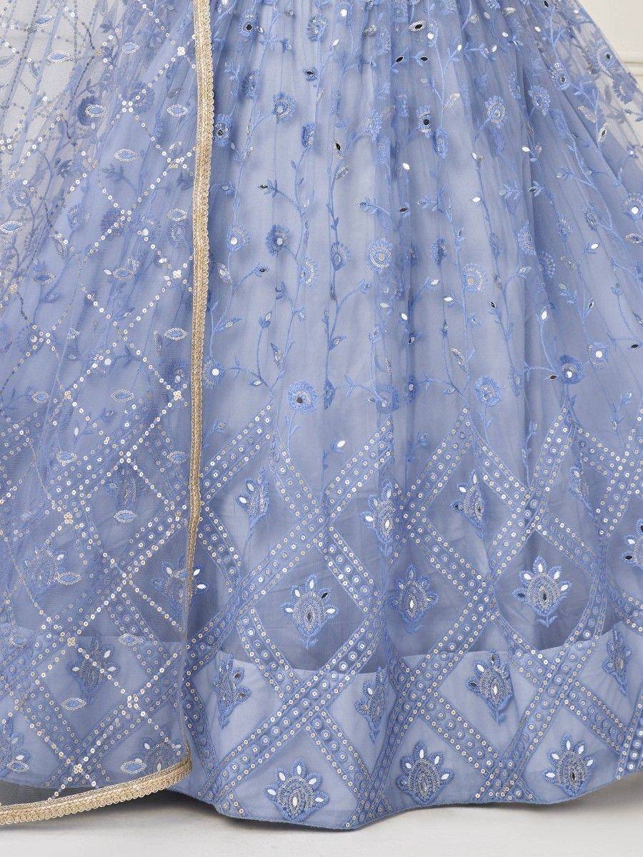 Light blue embroidered lehenga with sequins and gold trim, ideal for Indian ethnic wear occasions