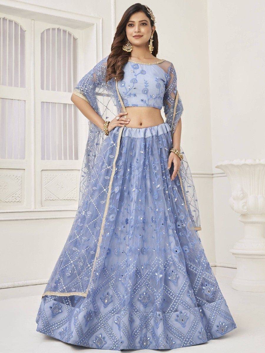 Light blue embroidered lehenga choli with sheer dupatta, perfect for Indian ethnic occasions