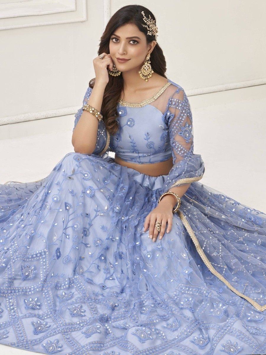 Light blue embroidered lehenga choli with sheer sleeves and gold detailing, perfect for Indian ethnic occasions