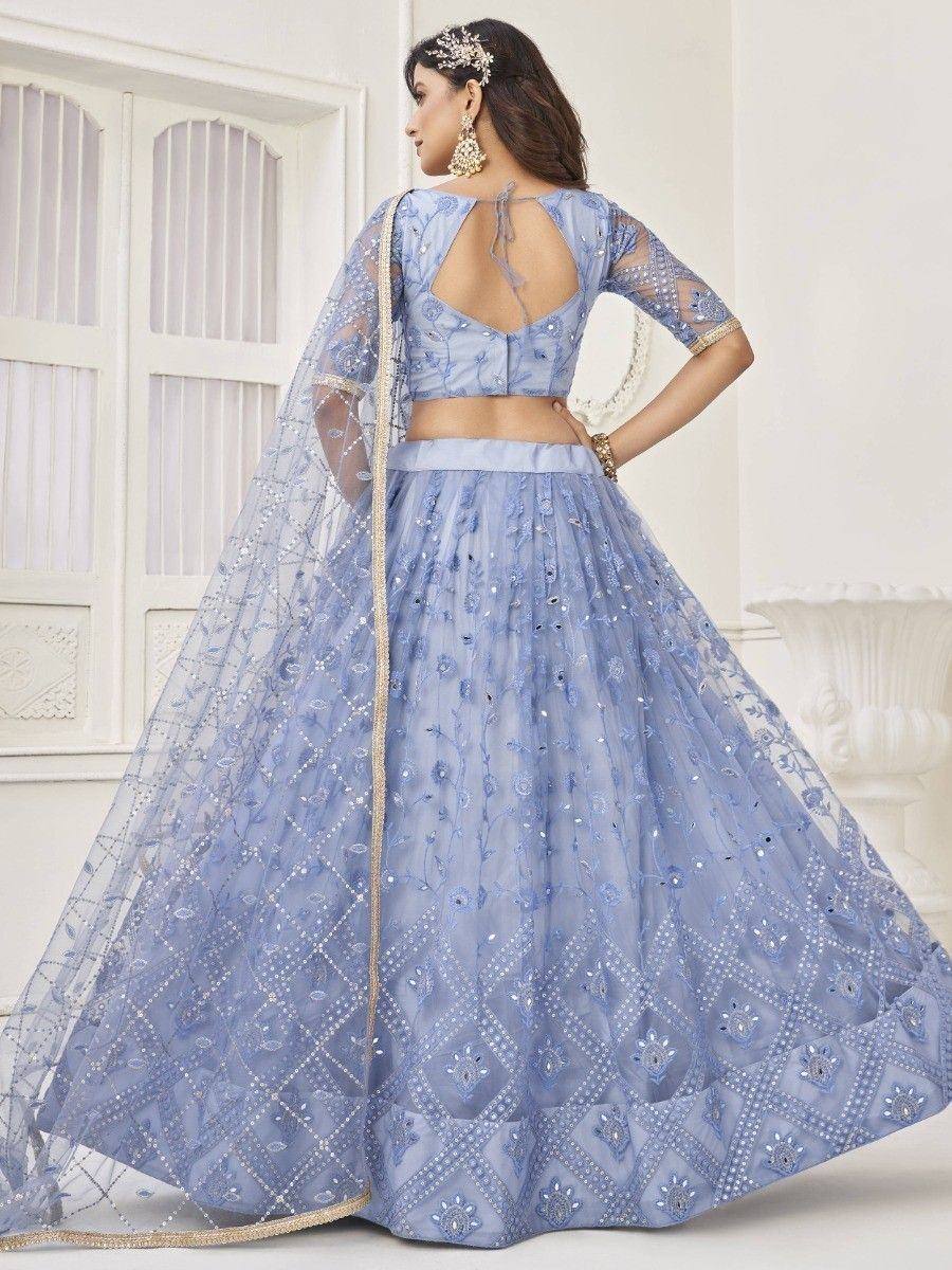 Light blue embroidered lehenga choli with sheer dupatta, perfect for Indian weddings and festive occasions.