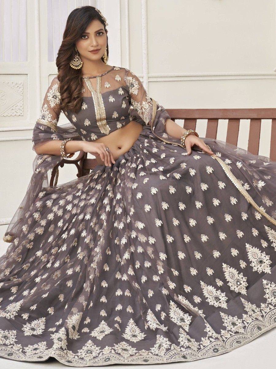 Grey floral embroidered lehenga choli with sheer sleeves, perfect for Indian ethnic occasions