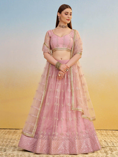 Delicate Baby Pink Net Sequins Embroidered Bridesmaids Lehenga Choli