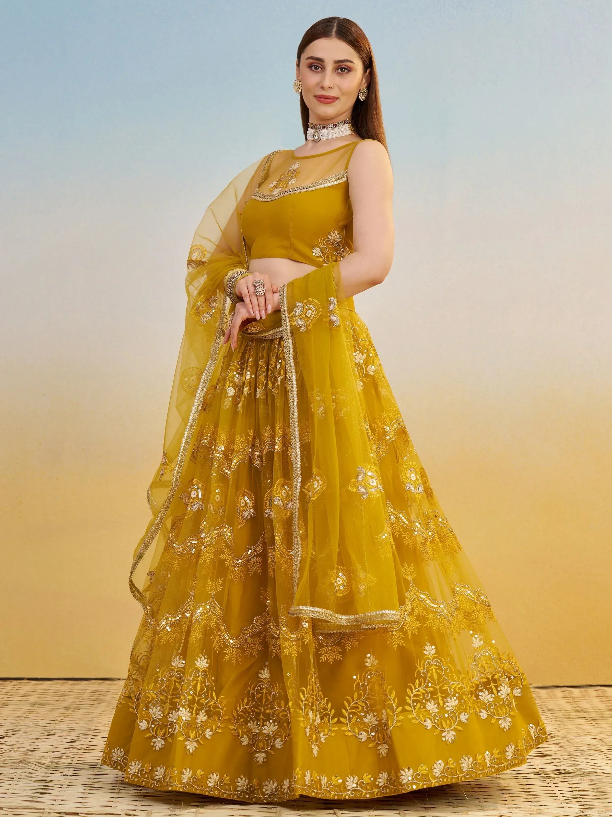Sweet Mustard Yellow Thread Embroidered Net Haldi Wear Lehenga Choli