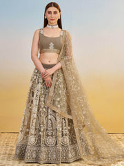 Alluring Brown Net Thread Embroidered Reception Wear Lehenga Choli