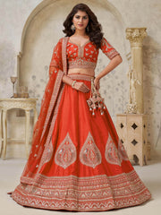 Fabulous Rust Orange Dori Work Silk Evening Wear Lehenga Choli With Dupatta