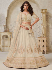 Stunning Beige Thread Work Silk Designer Lehenga Choli With Dupatta
