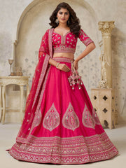 Astonishing Rani Pink Thread Work Silk Designer Lehenga Choli With Dupatta