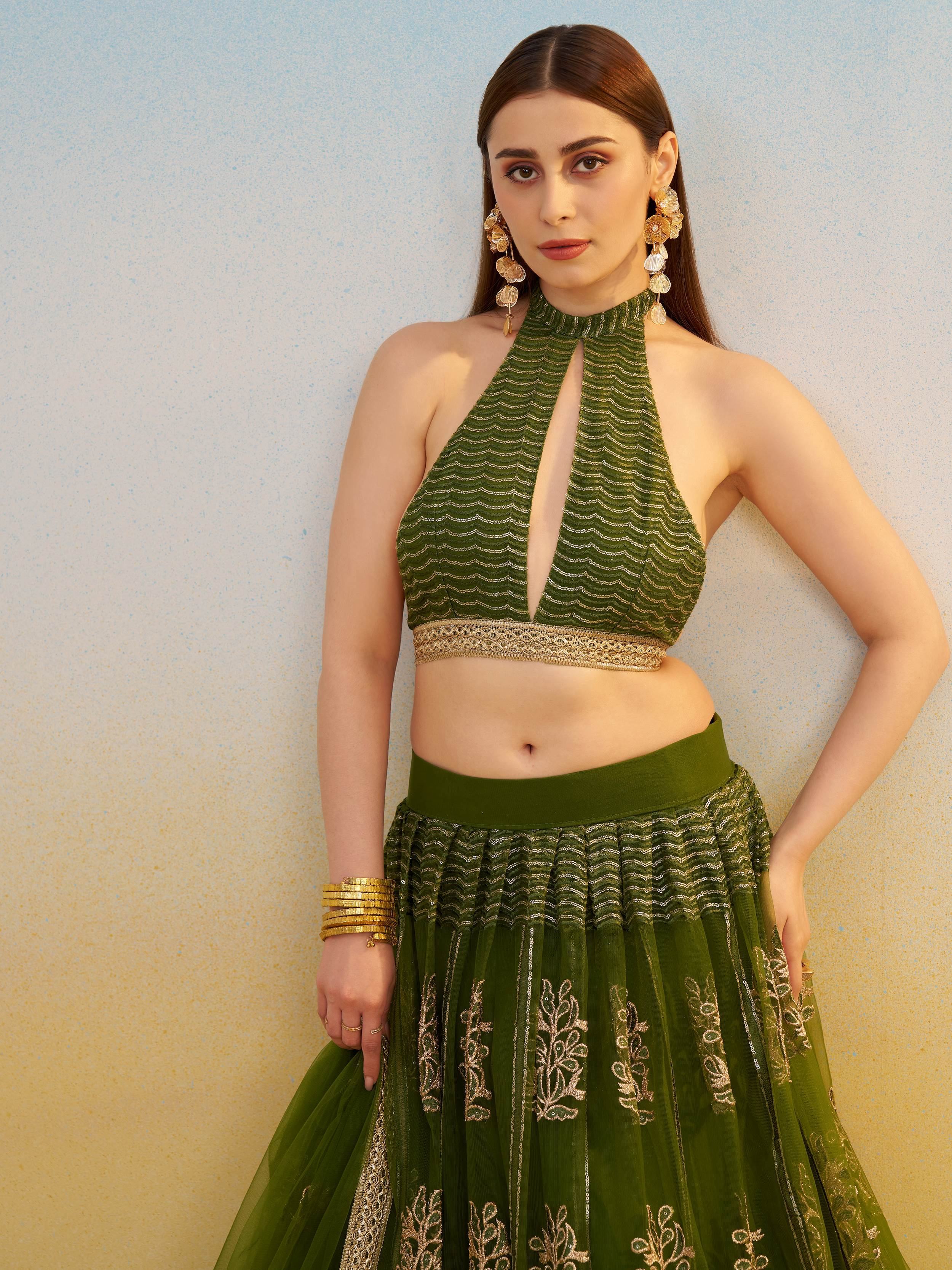 Dazzling Green Sequins Mehendi Wear Lehenga Choli With Dupatta