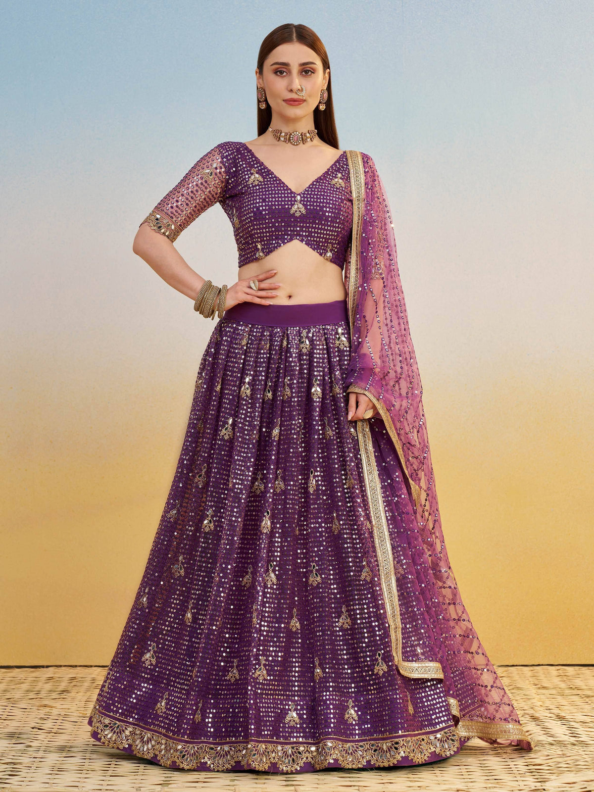 Purple sequin lehenga choli with gold embroidery and sheer dupatta, Indian ethnic wear