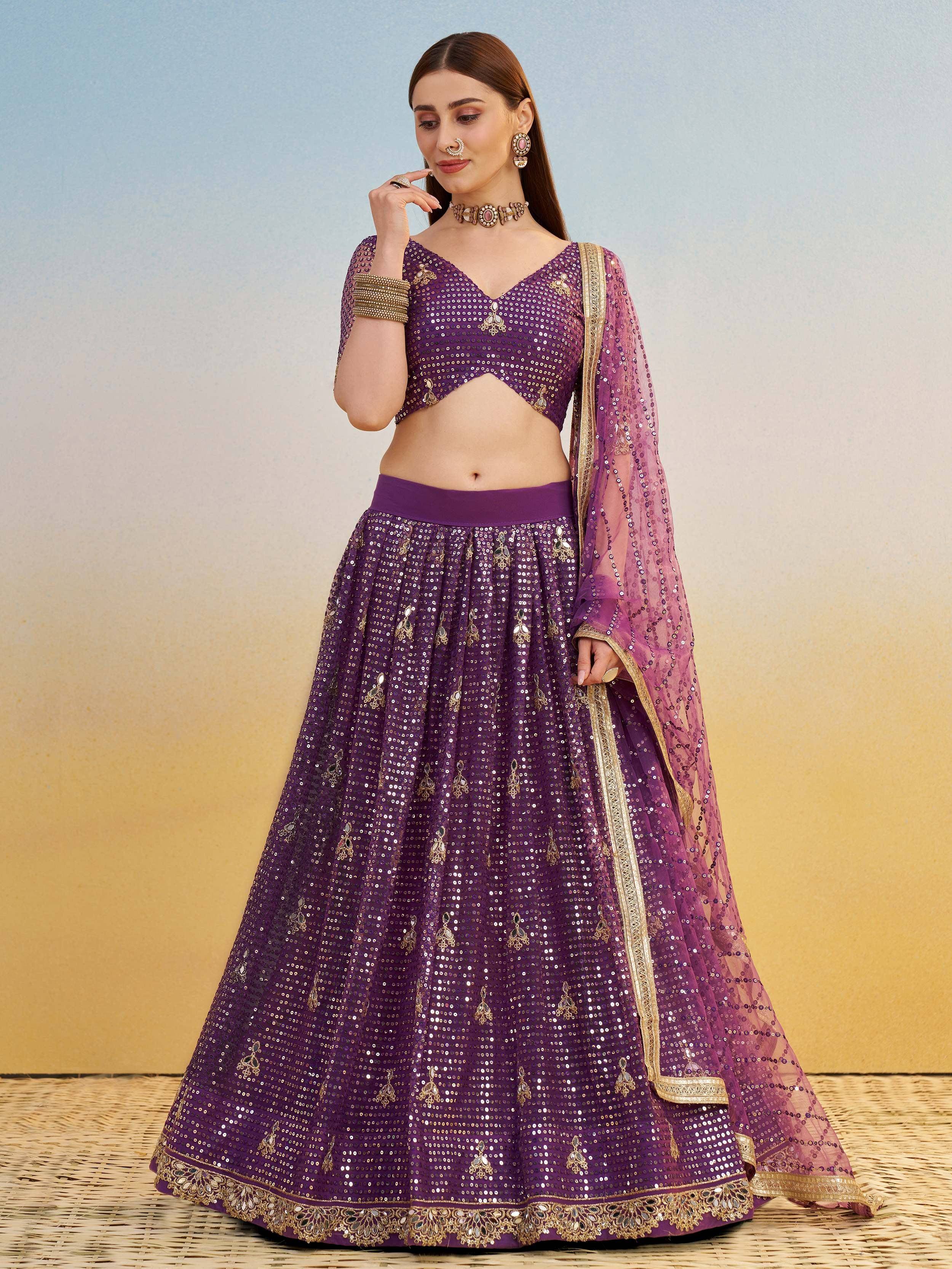 Purple sequin lehenga choli with gold embroidery and matching dupatta, Indian ethnic wear