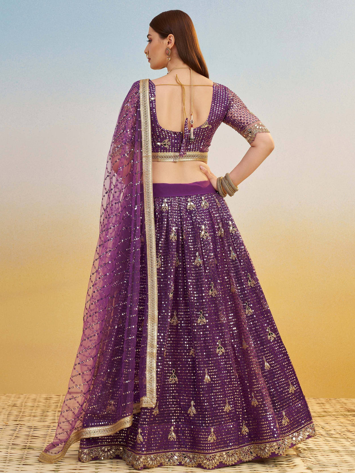 Purple sequin lehenga choli with gold embroidery, back view, ethnic Indian wear