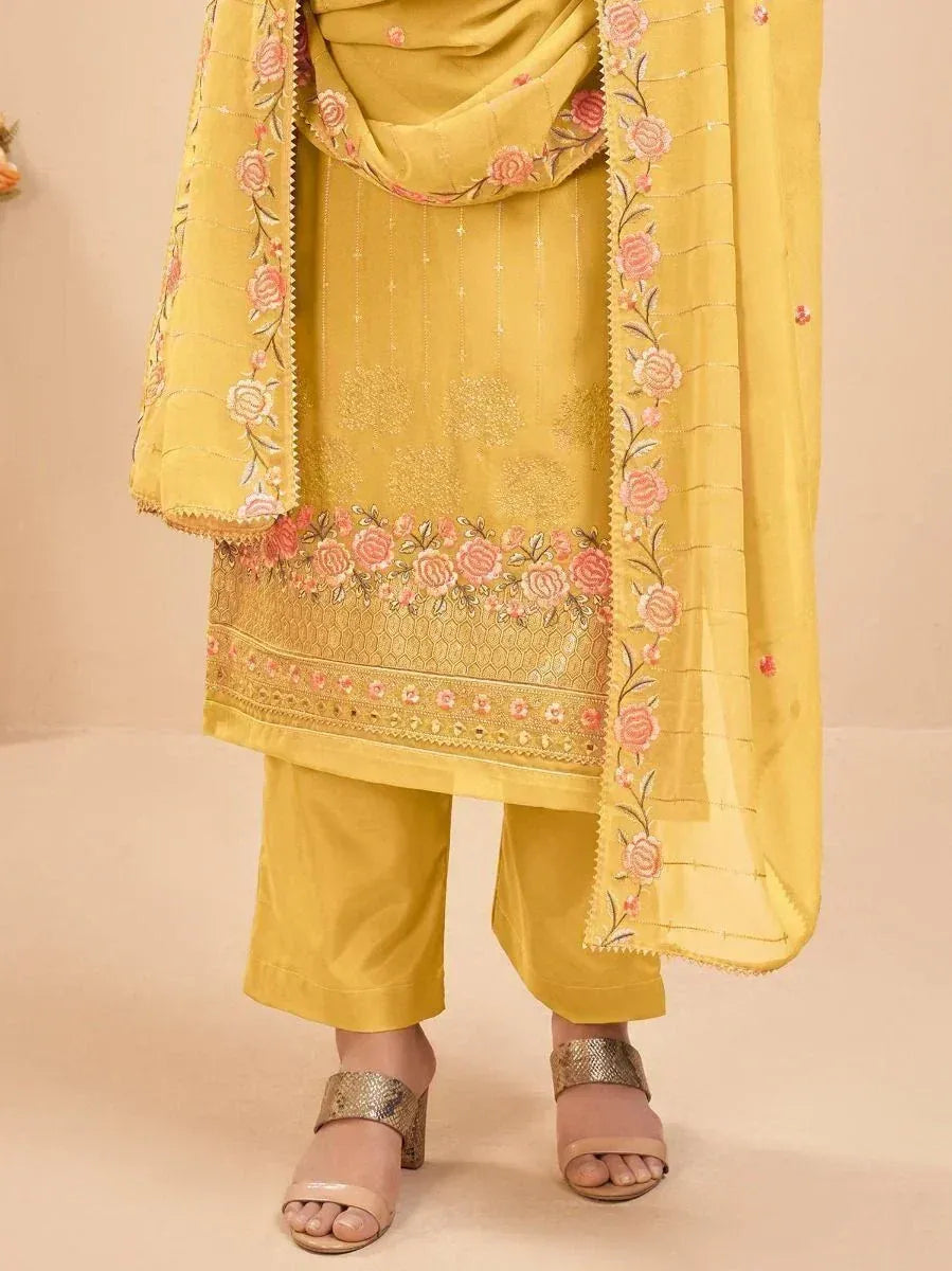 Yellow embroidered salwar kameez with floral dupatta, ethnic wear for women